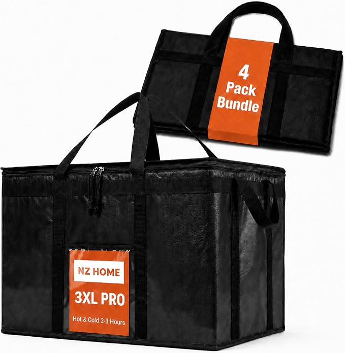 NZ home PRO Large Insulated Food Delivery Bag (3XL, Black, 4 Pack) | Thermal bag, For cold & hot food, Water-resistant, Portable cooler, Soft sided catering tote, Grocery bag with zippered top by NZhome