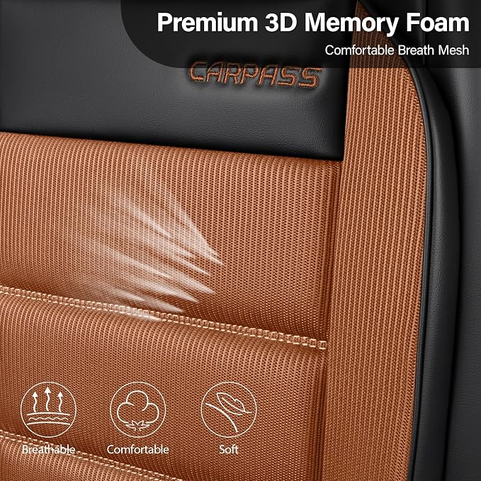 CAR PASS Memory Foam Seat Covers Front, Airy Cool Mesh Thick Car Seat Covers, Leather Car Seat Covers Front Seats Airbag Compatible, Universal Automotive Comfort for Most Cars, Trucks, SUV, Brown - Image 5