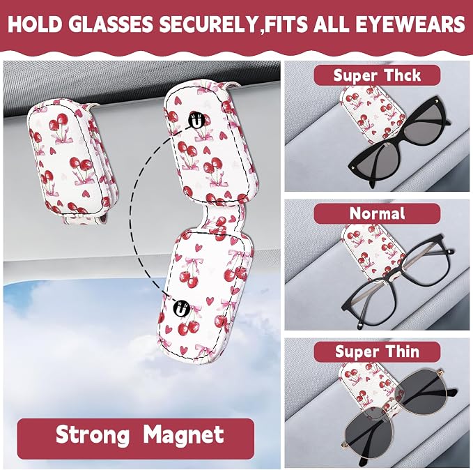 1Pcs Car Tissue Holder and 2 Pcs Sunglass Holder for Car,Magnetic Leather Sunglasses Holder Car Sun Visor Glasses Hanger Clip,Car Interior Accessories for Women(White Cherry) - Image 6