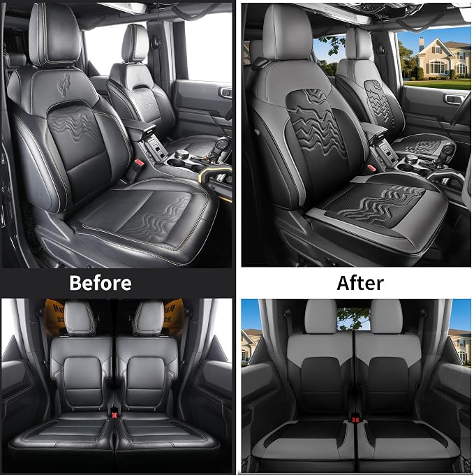 Red Rain Leather Seat Cover Customized Fit for 2021-2026 Ford Bronco 2 Door | Waterproof Leather Full Coverage SUV Seat Covers Black and Gray Auto Interior Protector (Bronco 2Door-Black+Black) - Image 6