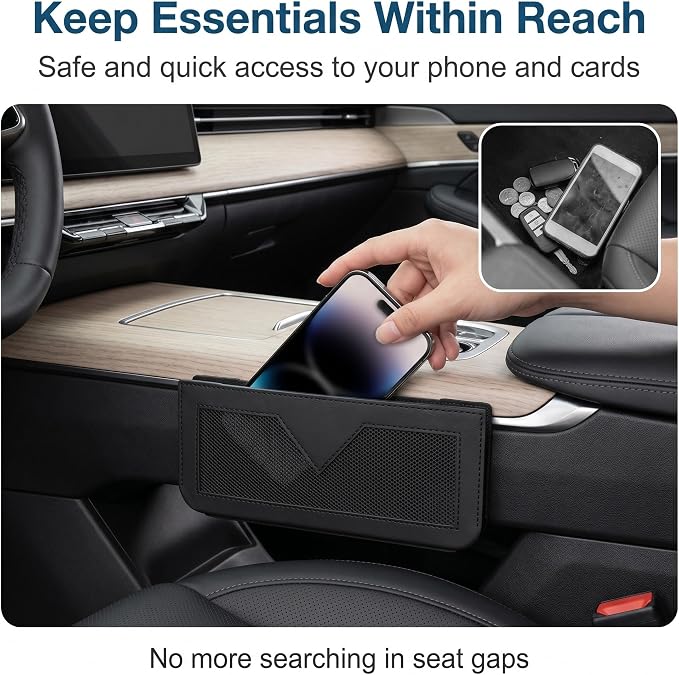 Car Seat Side Pocket Organizer, 9.45" x 3.94" Self-Adhesive Elastic Mesh Storage Pouch, PU Leather Car Interior Phone Cards Console Organizer, Universal for Most Cars SUVs (Black) - Image 5