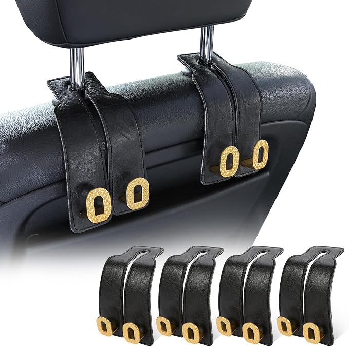 Car Headrest Hooks Universal Car Purse Hook Premium Leather and Alloy Twin Hook Car Seat Back Storage Hanger Hook for Purse Bags Cloth Drink Durable Holder Car Accessories (BH09-Black-Gold-4 Pcs) - Image 7