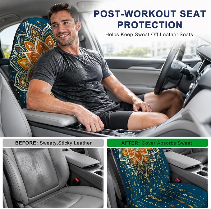 Car Seat Towel Cover 2 Pack for Front Seats, Sweat Absorbent Car Seat Protector with Non-Slip Backing, Waterproof Towel Car Seat Covers for Runners, Gym, Swimming, Beach, Pets, Boho Mandala - Image 4