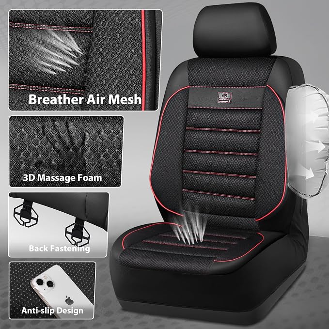 CAR PASS 3D Foam Leather Car Seat Covers Two Front Seats only, Air Mesh Thick Seat Covers, All Weather Car Seat Cover Comfort & Protection for Truck,SUV,Sedan,Van, Airbag Compatible Red - Image 5