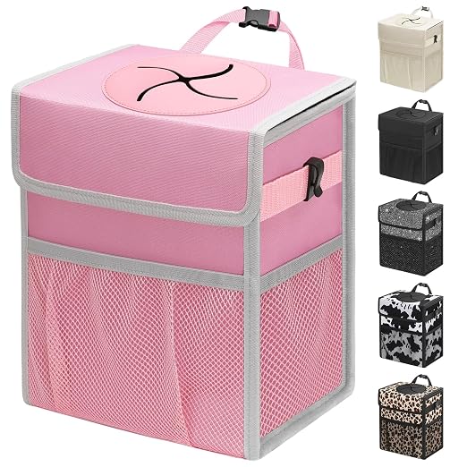 Capolo Car Trash Can with Lid, Leakproof Car Garbage Can Car Trash Bag | Waterproof, Trash Can for Car, 3 Mesh Pockets, Mini Hanging Vehicle Car Trash Bin, for Back/Front Seat (Pink,2.5 Gal) by Capolo