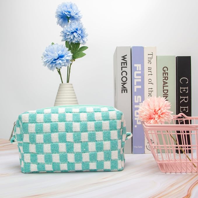 Checkered Makeup Bag for Purse, Small Travel Cosmetic Pouch,Arctic Blue | Cute Zipper Makeup Organizer for Women, Travel Essentials, Toiletries, Makeup Brushes, Beauty Accessories&Bridesmaid Gifts - Image 5