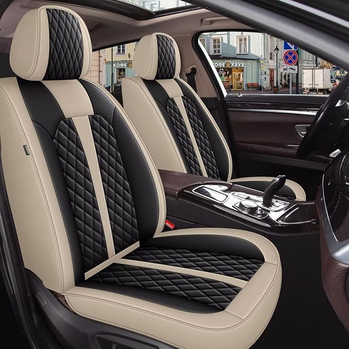 IKABEVEM Car Seat Covers Fit for Infiniti QX50 2018-2025 2026 Full Set | Waterproof Faux Leather, Airbag Compatible, Easy to Install & Wipe Car Seat Protector,5 Seats Covers Fit for , Beige&Black by IKABEVEM