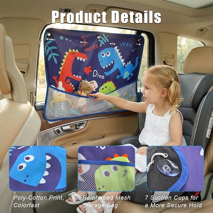 Car Window Shade for Baby, Car Sun Shade Curtain with Storage Pockets & Suction Cups, Cartoon Sun Blocker Blind for Side Windows, Blocks Heat, Privacy Cover for SUV Sedan (Cute Dino Pals) - Image 5