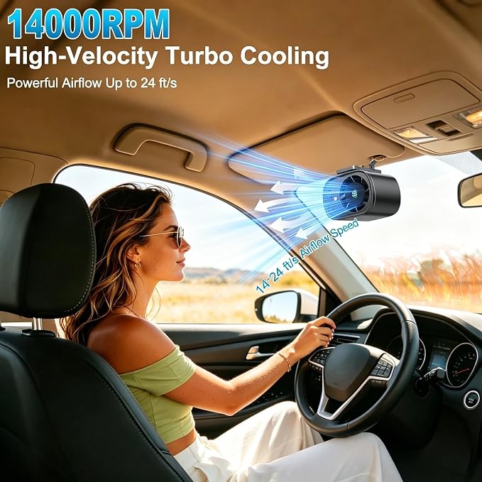 Car Clip On Fan,Portable Cooling Fan for Car with LED Display,360° Rotating Mini Fan,199 Speed Settings,USB Rechargeable 1500mAh Backseat Fan for Cars Without AC, Stroller,Office, Camping - Image 2