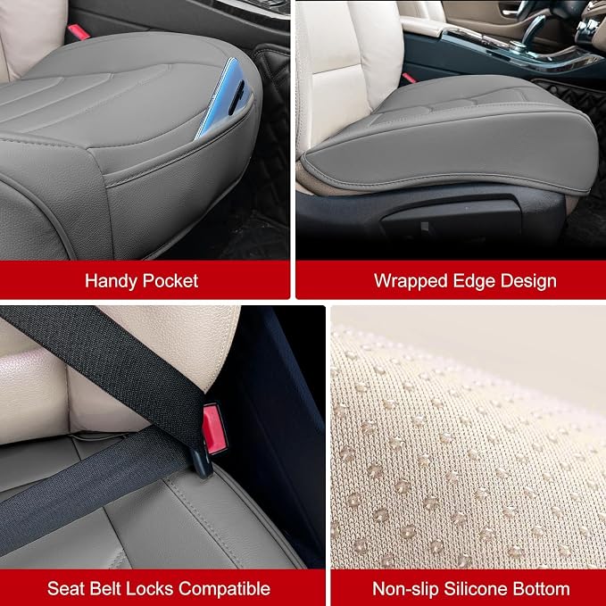 BOPUOVRE Car Seat Cover for Luxury & Comfort PU Leather | Anti Slip Full Wrap Protection Storage Pocket Bottom Cushion Universal Fit 95% Vehicles Gray 2 Piece - Image 6