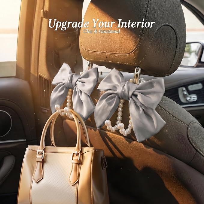 2PCS Satin Bow Pearl Car Seat Headrest Hooks – Car Bag Holder & Vehicle Hanger for Purses – Cute Coquette Aesthetic Interior Decoration – Cute Auto Organizer Accessories Universal (Moonlight Grey) - Image 3
