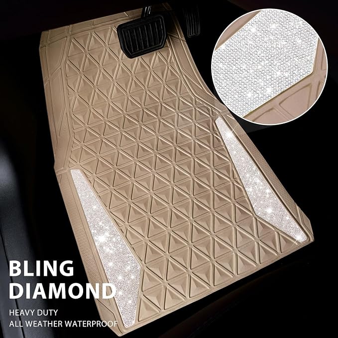 CAR PASS Bling Diamond Car Mats Rubber Floor Mats Full Set Anti-Slip 3D Rhombus Waterproof Trim to Fit Liner Universal Glitter Crystal Sparkly Shining Rhinestone Girl Women SUV Sedan Van, Beige Rubber - Image 2