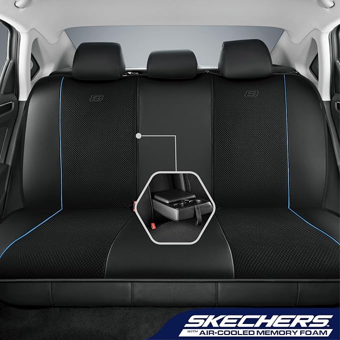 Skechers Air-Cooled Memory Foam Seat Covers,Mesh Thick Car Seat Covers,Piping Leather Car Seat Cover,Airbag Compatible,Automotive Comfort for Most Cars, Vans, Trucks, SUV(Blue,Full Set) - Image 3