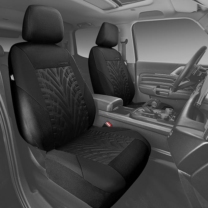 CAR PASS Car Seat Covers Two Front Only for Car, 3D Tyre Print Automotive Interior Covers, Airbag Compatible, Quick Setup Universal Fit Seat Covers for Car, Truck, SUV(Black) - Image 2