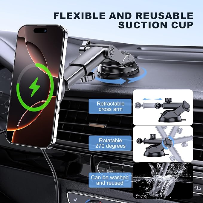 for Mag-Safe Car Mount Charger Dash Windshield Vent Magnetic Phone Holder | Wireless Car Charger with LED Light Car Phone Holder for iPhone 17 16 15 14 13 12 Series for MagSafe - Image 5