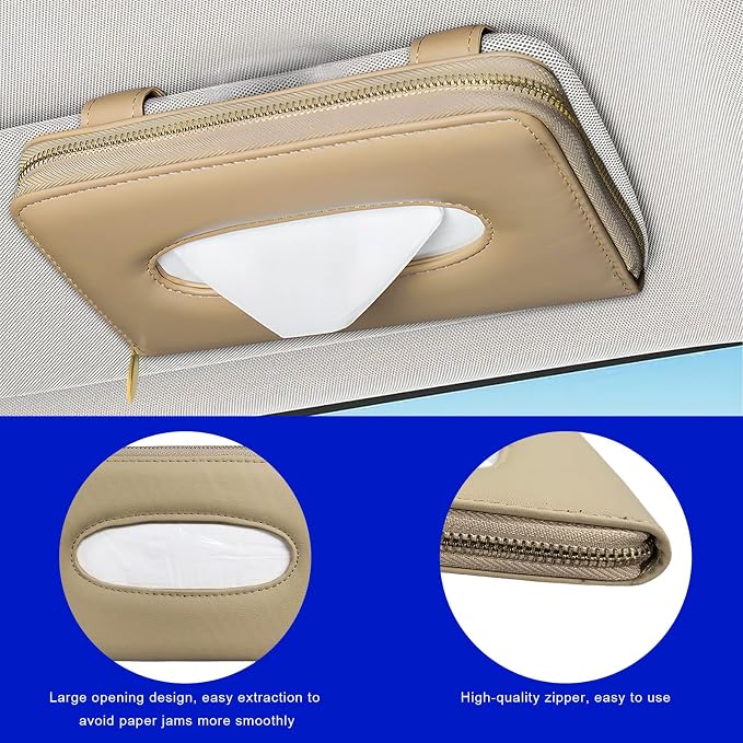Car Tissue Holder, PU Leather Auto Sun Visor Tissue Case Napkin Holder with Zipper, Rectangular Mask Dispenser Hanging Paper Towel Organizer for Cars SUVs Trucks RVs (Beige) - Image 3