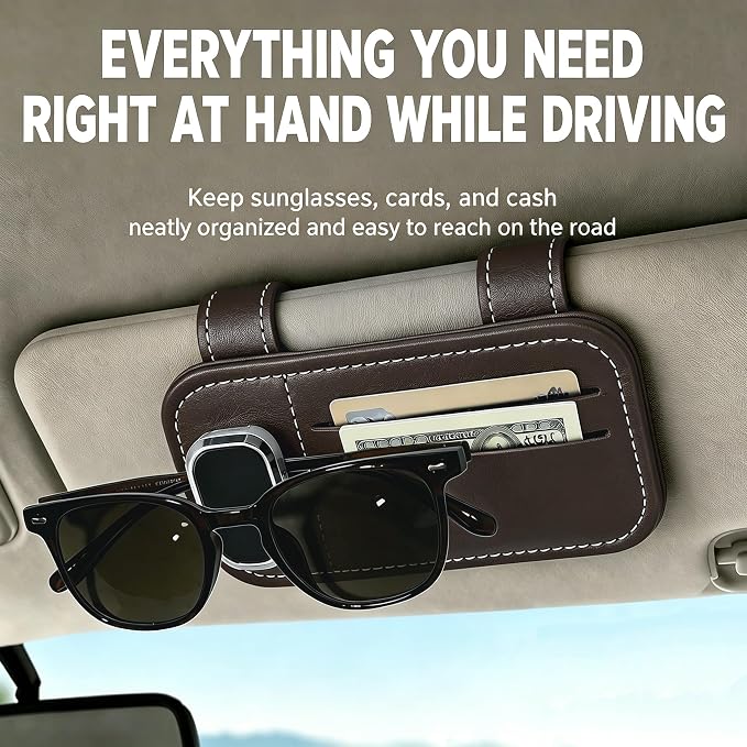 Car Visor Glasses Clip - PU Leather Card Holder,Double Clips | Slim Profile,Quick Access,Secure Hold,Vehicle Sunglasses Storage,Parking Pass,ID Card,Cash & Receipt Organizer - Image 2