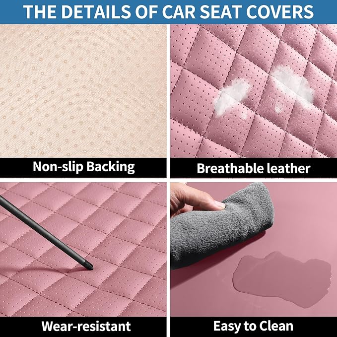Leather Car Seat Covers Full Set Automotive Seat Protectors | Breathable Waterproof Durable Full Surround & Lumbar Support Design Non-Slip Universal Fit for Most Cars SUV Trucks Van Pink - Image 3