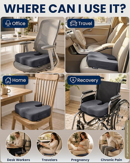 5 STARS UNITED Seat Cushion - Memory Foam Chair Cushion for Tailbone Pain Relief - Ergonomic Support for Coccyx, Sciatica & Butt - Office, Desk & Gaming Chair, Car Seat, Wheelchair, Airplane, D Gray - Image 3