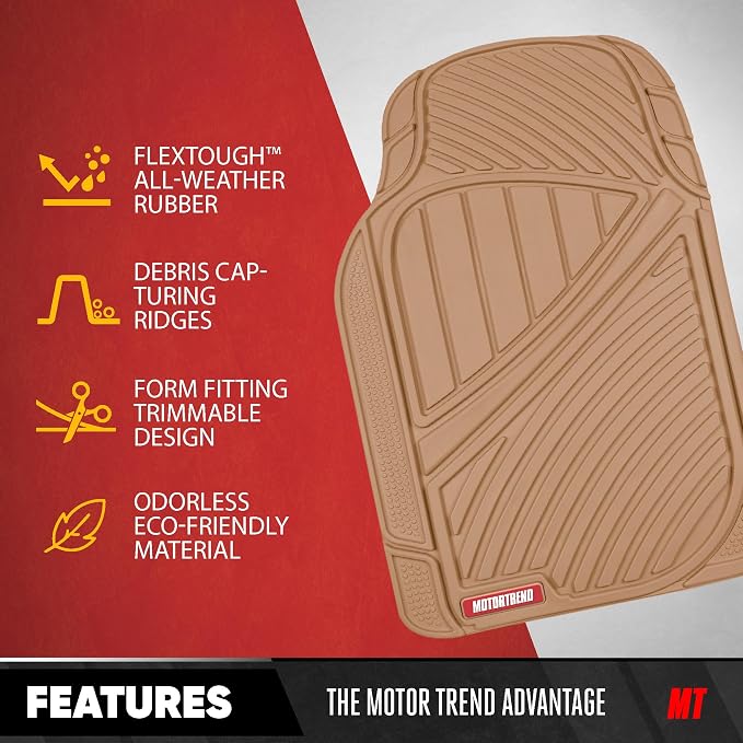 Motor Trend 3-Row Heavy Duty Rubber Floor Mats & Liners for Car SUV Van, Front 2nd & 3rd Row Durable Polymerized Latex Full Interior Protection, Extra-High Ridgeline Design, Beige - Image 4