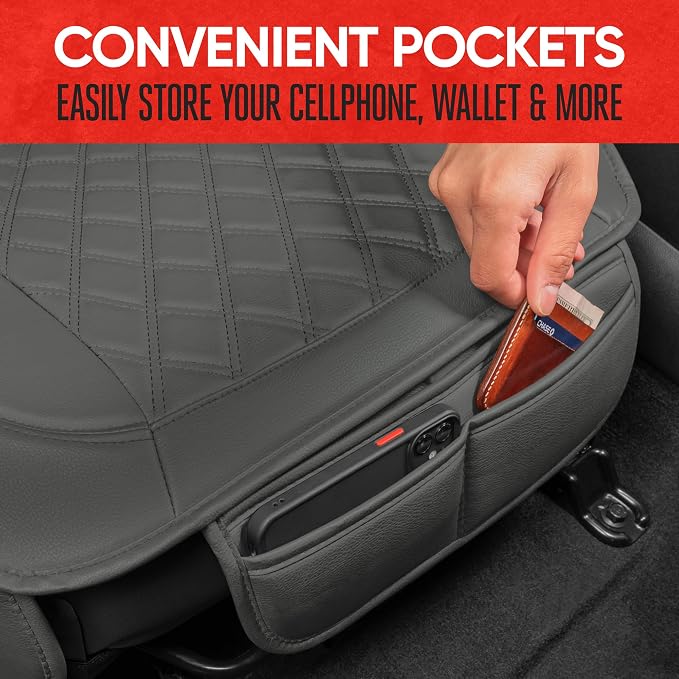 Motor Trend Car Seat Cushion, 2 Pack - Diamond Stitched Faux Leather Seat Covers for Cars Trucks SUV, Gray Padded Car Seat Covers with Storage Pockets, Premium Automotive Seat Covers for Front Seats - Image 3