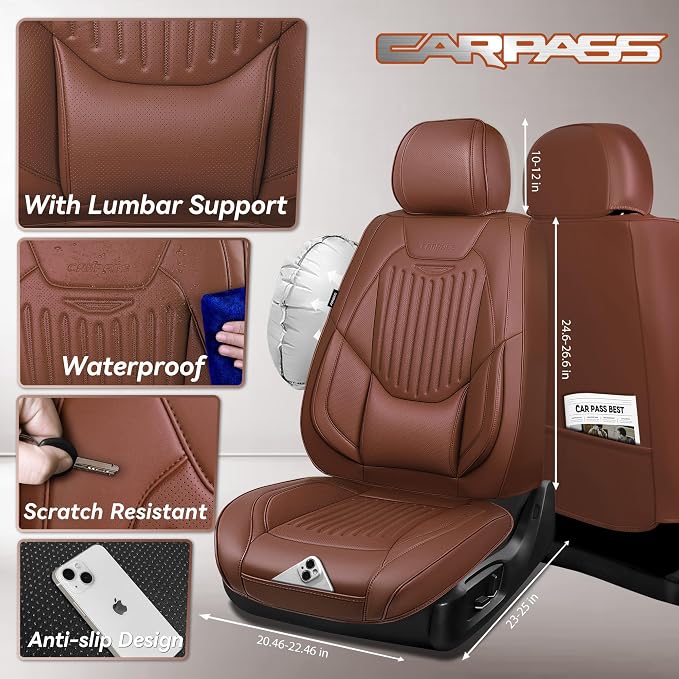 CAR PASS Luxury Nappa Leather Car Seat Covers Full Set, Lumbar Support Seat Covers for Car 5 Seats, Waterproof Car Seat Protector, Automotive Seat Covers Universal Fit for Most Sedans SUV Trucks Brown - Image 3