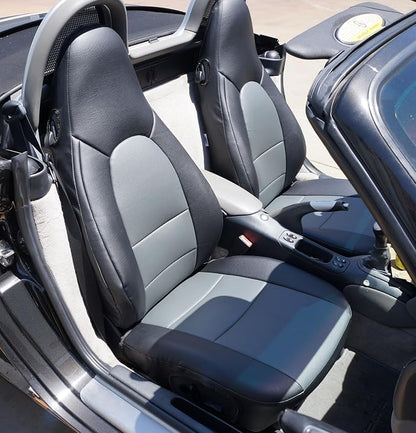 Iggee for Porsche Boxster 1997-2004 Artificial Leather Custom Made Original fit seat Covers (Black/Charcoal) by IGGEE