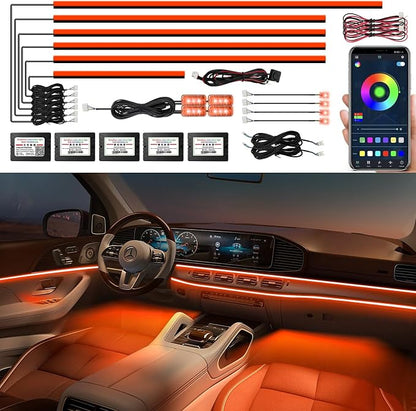 Acrylic Interior Car Lights, AMKI Car LED Strip Light with APP Control, Accessories Car Ambient Light Kit with RGB 14 in 1 and 175 inches 593 LEDs, 16 Million Colors Music Active Neon Lighting by AMKI
