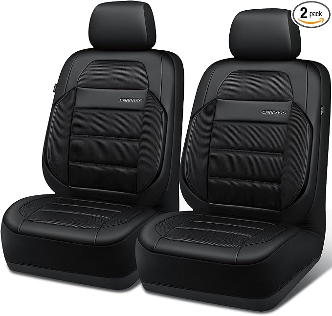 CAR PASS Memory Foam Seat Covers Front, Airy Cool Mesh Thick Car Seat Covers, Leather Car Seat Covers Front Seats Airbag Compatible, Universal Automotive Comfort for Most Cars, Trucks, SUV, Black by CARPASS