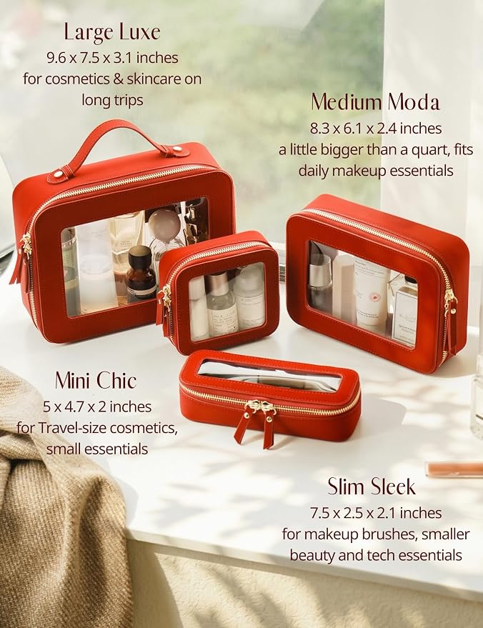 Clear Makeup Bag with Zipper, Set of 2, Mini and Medium, Red | Clear Travel Bags for Toiletries, Structured Cosmetic Case for Women, Waterproof PU Leather, Wide Open Portable Car Organier - Image 8