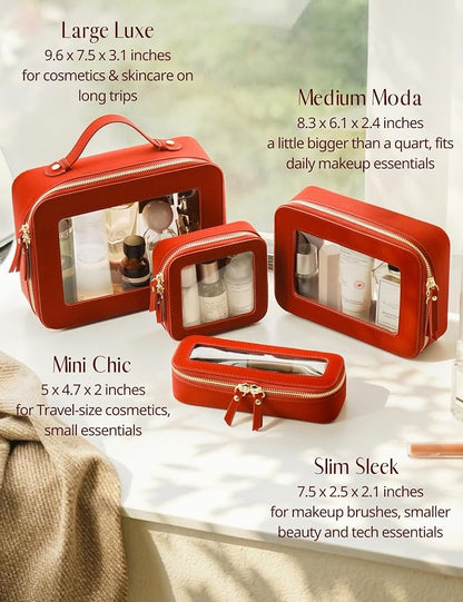 Clear Makeup Bag with Zipper, Set of 2, Mini and Medium, Red | Clear Travel Bags for Toiletries, Structured Cosmetic Case for Women, Waterproof PU Leather, Wide Open Portable Car Organier - Image 8