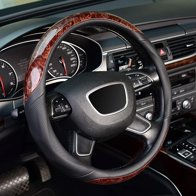 KAFEEK 16 inch Wood Grain Steering Wheel Cover, Large Size | Compatible for F150 F250 F350, Ram 4Runner Tacoma Tundra, Range Rover, Breathable Microfiber Leather by KAFEEK
