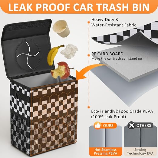 Vankor Car Trash Can with Lid Leak Proof Car Accessories for Women | 2.2 Gallon Cute Hanging Car Trash Bin for Men Car Truck Auto Interior Automotive Garbage Cans, Black White Checkered - Image 3