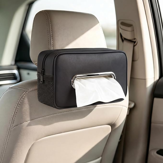 Car Tissue Box Holder PU Leather Car Organizer with Side Storage Pockets | Tissue Box Cover, Fits 120-160 Standard Rectangular Tissue Boxes, Large Capacity Backseat Tissue Organizer for Car SUV Truck by Joysuga