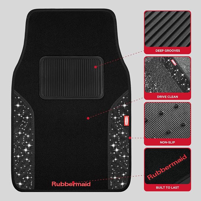 Rubbermaid Bling Car Mats, Carpeted Floor Car Mat with Faux Leather & Built-in Heel Pad, Two-Tone Car Rug Floor Mats, Stylish Carpeted Floor Mats for Cars, Trucks & SUVs Glitter Black Color - Image 3