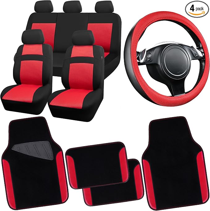 CAR PASS 3D Air Mesh Car Seat Covers Full Sets w/5mm Sponge, 4Pcs Waterproof Car Floor Mats, Steering Wheel Cover Universal Fit for SUV Sedan Truck, Airbag Compatible Automotive Interior(Black & red) by CARPASS