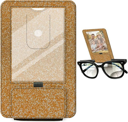 2-in-1 Car Visor Sunglasses & Photo Holder, Magnetic PU Leather Glasses Clip with Picture Display Slot, Universal Sun Visor Organizer for Eyeglasses, Personalized Cards & Memories, Gold Bronze Glitter by Unknown