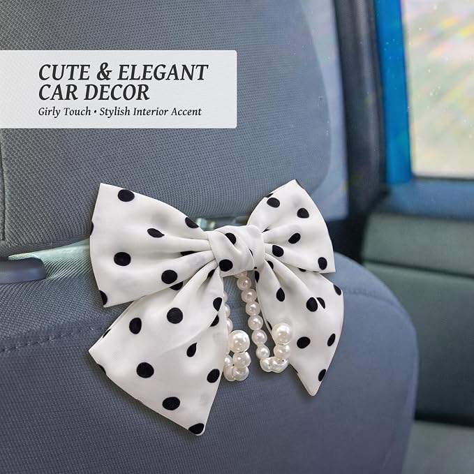 2 PCS Bow Pearl Car Seat Headrest Hook – Cute Purse Hook for Car, Girly Interior Decoration Accessories Hook Hanger, Seatback Holder for Purses & Bags, Elegant Car Organizer (White Polka Dot) - Image 5