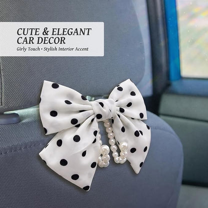 2 PCS Bow Pearl Car Seat Headrest Hook – Cute Purse Hook for Car, Girly Interior Decoration Accessories Hook Hanger, Seatback Holder for Purses & Bags, Elegant Car Organizer (White Polka Dot) - Image 5