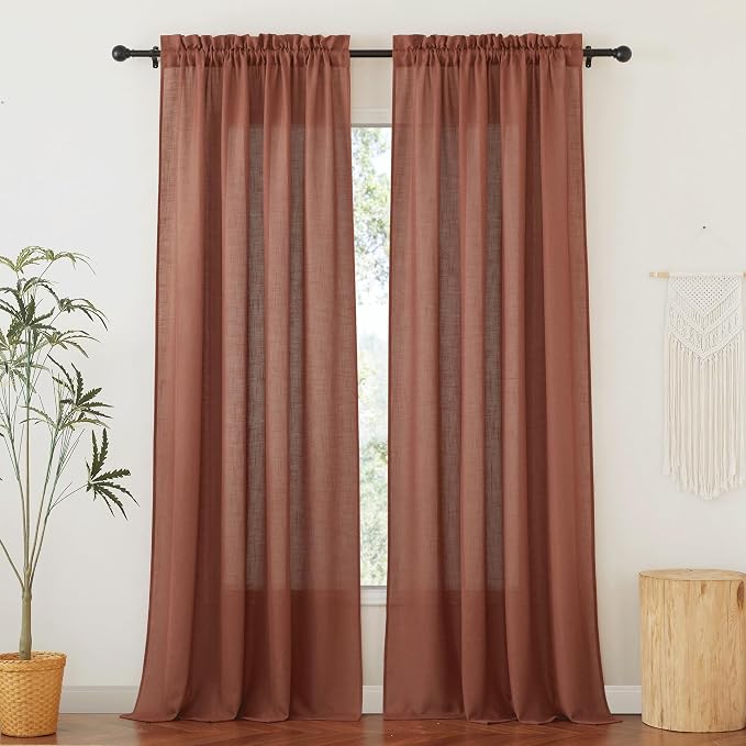 RYB HOME Flax Linen Blend Curtains 90 inches Long for Living Room | Fall Decor, Light Filtering, Semi Translucent, Window Treatments, Terracotta, W52 x L102, 2 Panels - Image 2