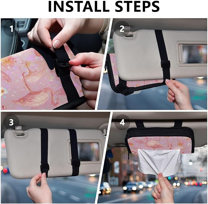 Car Tissue Holder Car Napkin Holder Car Tissue Box Dispenser Storage Case Sun Visor Mask Holder with Adjustable Straps Reusable Refillable Pink Gradient Flamingo and Petals - Image 5