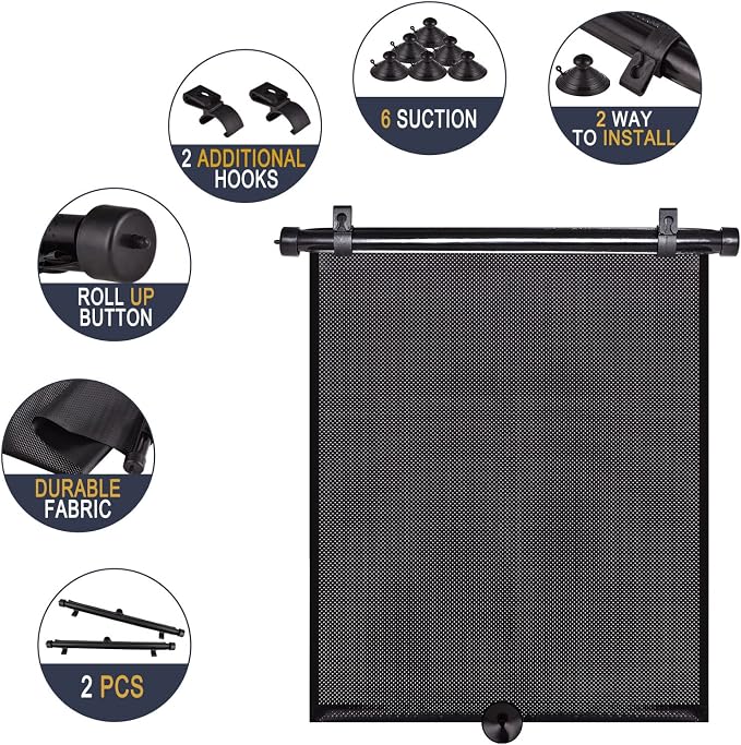 Car Side Window Shades, 2 Pack Retractable Roller Sun Shades, 18 x 20 in | UV and Sun Glare Reduction, Suction and Hook Installation, Easy Roll-Up Storage, Baby Car Window Shades for Travel - Image 3