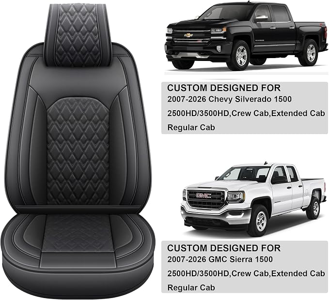 Chevy Silverado Seat Covers,Leather Seat Covers for GMC Sierra,Custom Fit 2007-2026 1500 2500HD 3500HD Crew Double Extended Regular Cab,LT LZT RST Trail Boss(Full Set,Black) - Image 6