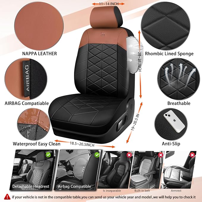 CAR PASS Memory Foam Leather Front Seat Covers, Waterproof Nappa Leather Seat Covers Front Seats Universal Fit for Cars,SUV,Truck Seat Covers Thick 3D Foam Comfortable, Airbag Compatible Black Brown - Image 2