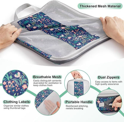 OlarHike 10 Set Compression Packing Cubes for Travel Essentials,Compressible Expandable Space Saver Bags for Organizing Clothes,Luggage Garment Bags with Over 1000 pcs Mesh Holes(Dark Blue Floral) - Image 6