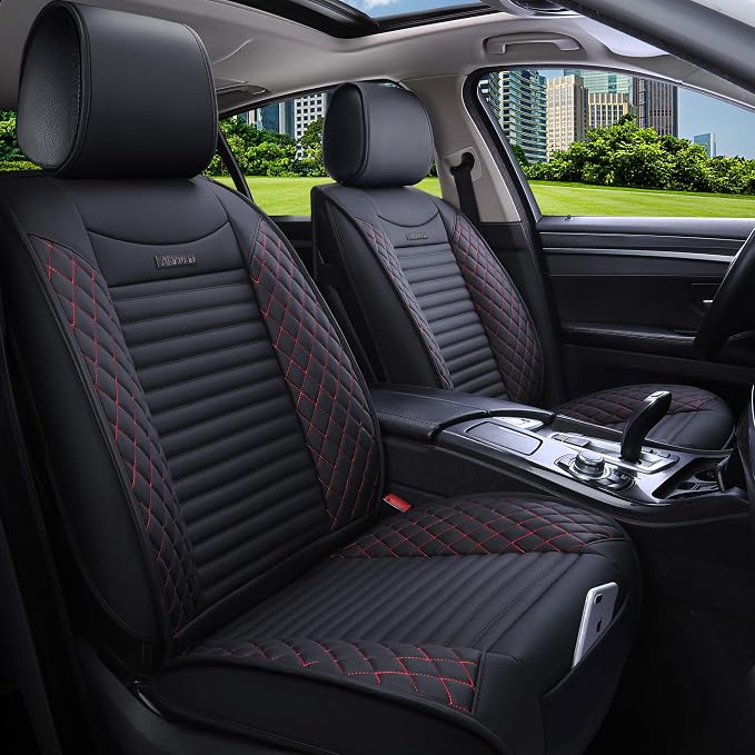 Front Seat Covers Universal Fit Honda Toyota Ford, Black-Red | Waterproof Leather Drive Protector Compatible with Accord Civic Kia Soul Optima Forte Nissan Altima Highlander Lexus Acura - Image 2