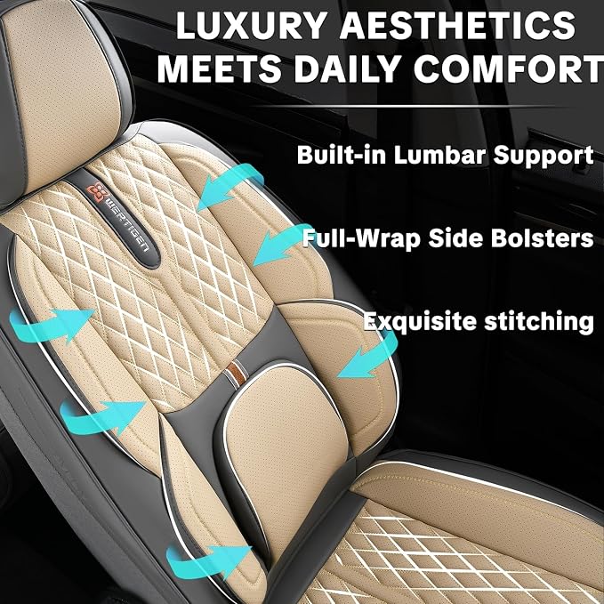 Khaki Car Seat Cover Complete Set, Universal Car Seat Cover for Car with Lumbar Support, Premium Artificial Leather, Waterproof and Easy to Clean, Airbag Compatible, Seat Heating Compatible - Image 3