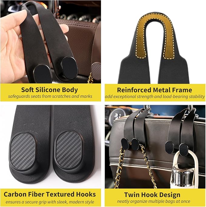 WEIHAO Purse Hook for Car Headrest, Silicone Car Seat Back Storage Hook, Twin Hooks Carbon Fiber Textured Car Headrest Hangers, Bag Holder for Sedan, Trucks, SUVs, Most Vehicles (Black-2PCS) - Image 4