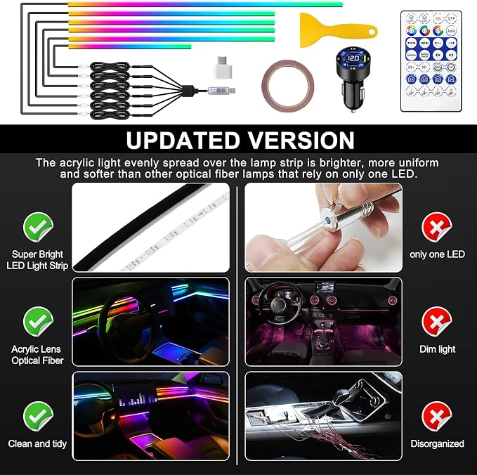 Dreamcolor Acrylic Interior Car LED Strip Light with USB/Type C/4-Port Cigarette Lighter, RGB 6 in 1 with 179.24 inches 650 LEDs Ambient Lighting Kits, Sound Active Function Neon Led Strips for Car - Image 5