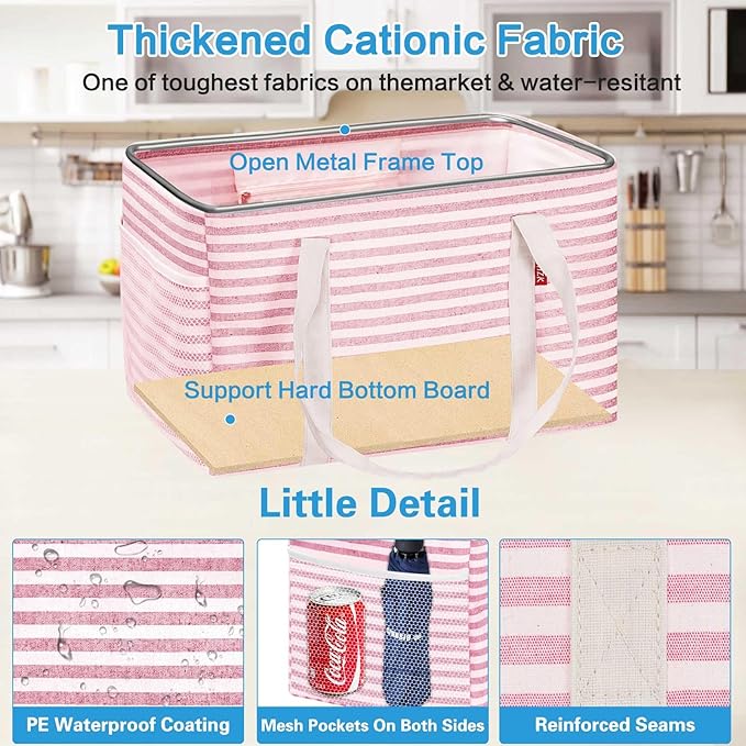 LHZK 2 Pack Utility Tote Bag with Metal Wire Frame and the Sides Rinforced, Large Tote Bag with Handle, Reusable Grocery Bags Foldable, Beach Bag, Car Tote (Pink, 18.5''x11.8''x11.5'') - Image 5